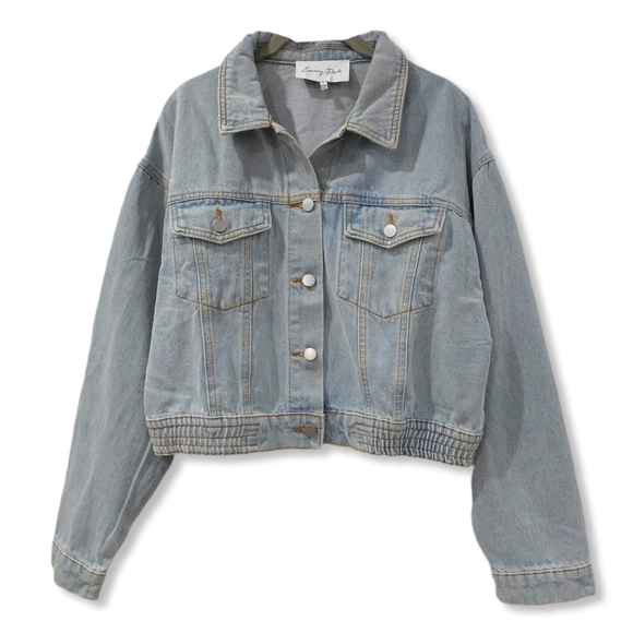 emory park Jackets & Blazers - Emory Park Light Blue Wash Cropped Jean Jacket, Elastic Waistband, Unlined, L